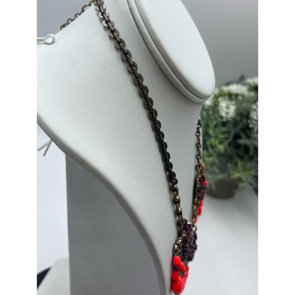 J. CREW Fan Fringe Flower Purple Orange Gold Tone Statement Bib Necklace - Picture 15 of 16